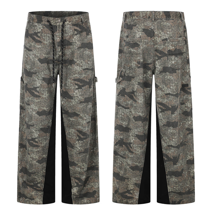 Men's wide-leg camouflage cargo pants with black contrast panel inserts and lace-up front detail, front and back view