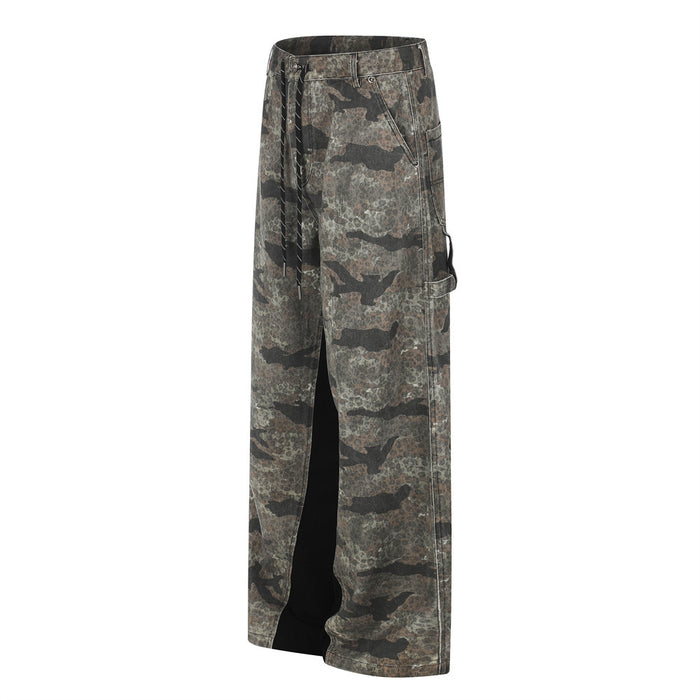 Angled side view of camouflage cargo pants showing a side utility pocket and wide legs