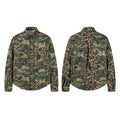 Front and back view of a camo leopard hybrid utility shirt with button-front closure and chest pocket