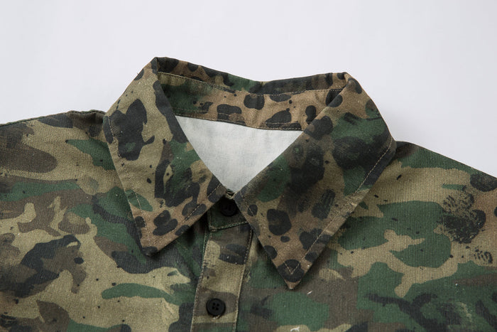 Close-up of camo leopard shirt collar and top button