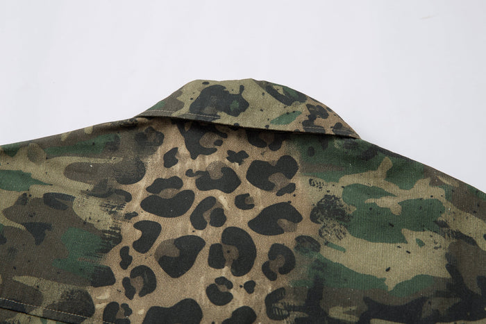 Close-up of back collar on camo leopard utility shirt