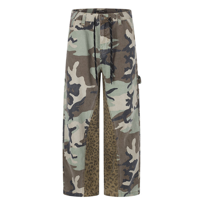 Men's wide-leg cargo pants with woodland camouflage and leopard print patchwork panels, front and back view