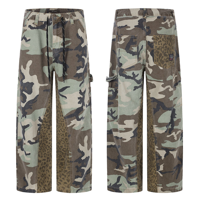 Wide-leg camo patchwork cargo pants shown front and back on white background