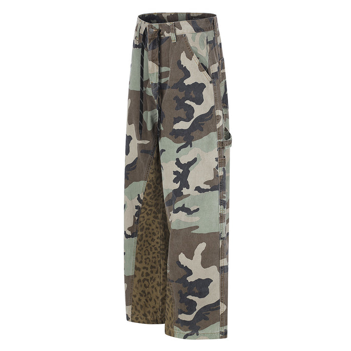 Side view of wide-leg camouflage cargo pants with leopard patch and cargo pocket