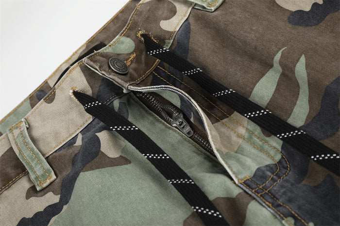 Close-up of front pocket opening and zipper detail on camo cargo pants