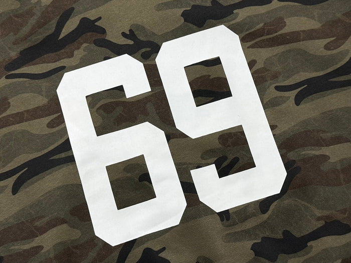Close-up of white 69 back print on camo hoodie