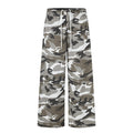 Men's wide-leg camouflage sweatpants with white drawstring waist in grey, olive, and black urban camo print