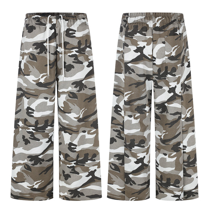 Wide-leg camo sweatpants shown front and back, with drawstring waist and side pocket