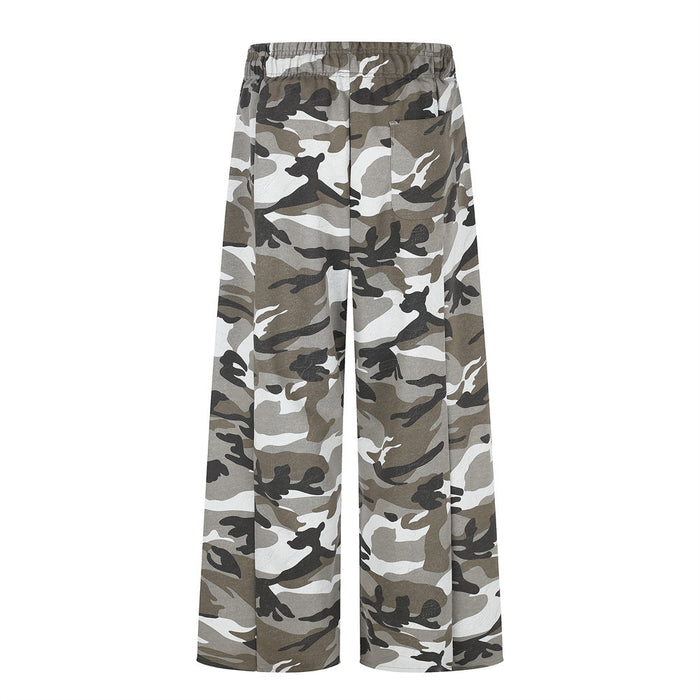 Back view of camo wide-leg sweatpants with elastic waist and patch back pocket