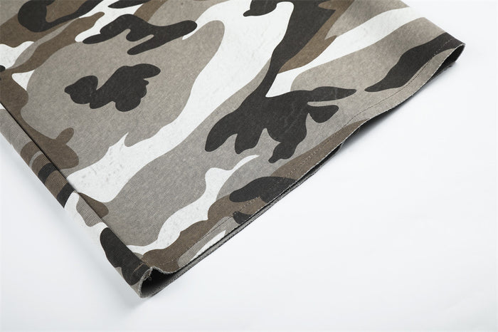 Close-up of camouflage pant hem with stitched cuff edge