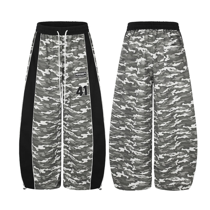 Gray camouflage wide-leg sweatpants shown from front and back with black side panels and number 41 patch