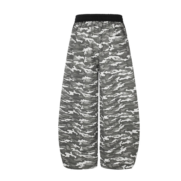 Back view of gray camouflage wide-leg sweatpants with a black elastic waistband and wide legs