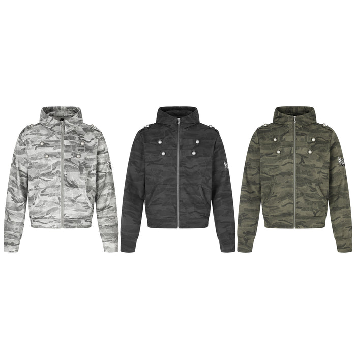 Three camouflage zip-up hoodies in gray, black, and olive green with silver buttons shown from the front