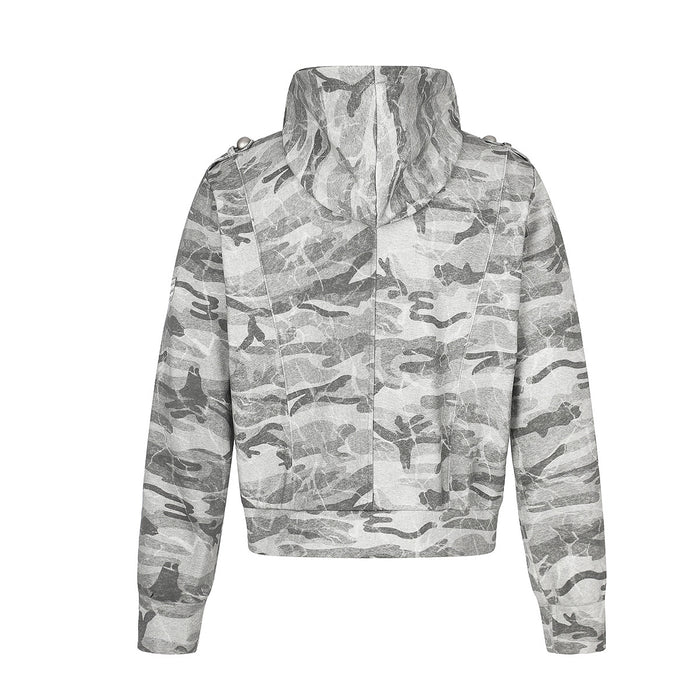 Back view of a gray camouflage hoodie showing the hood, long sleeves, and center back seam