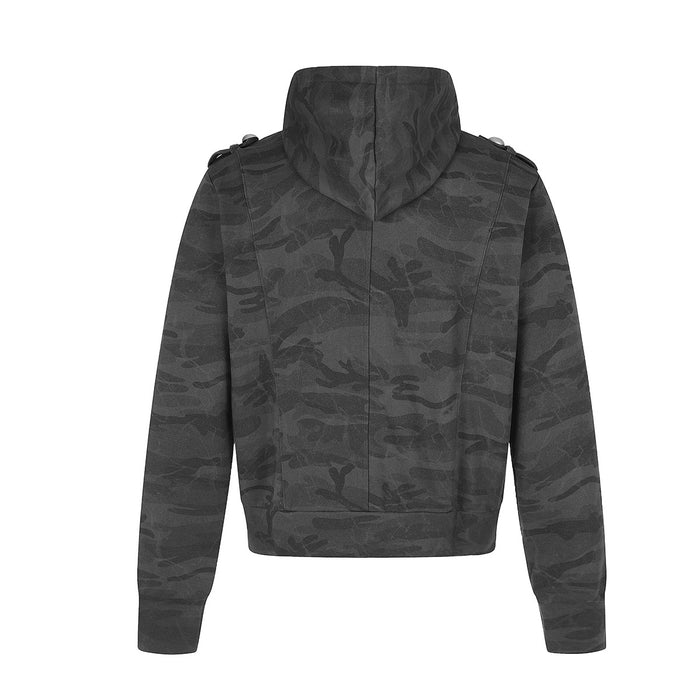 Back view of a black camouflage hoodie with a raised hood, long sleeves, and center seam