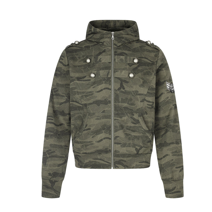 Olive green camouflage zip-up hoodie with silver buttons, shoulder tabs, and a small sleeve patch