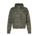 Olive green camouflage zip-up hoodie with silver buttons, shoulder tabs, and a small sleeve patch