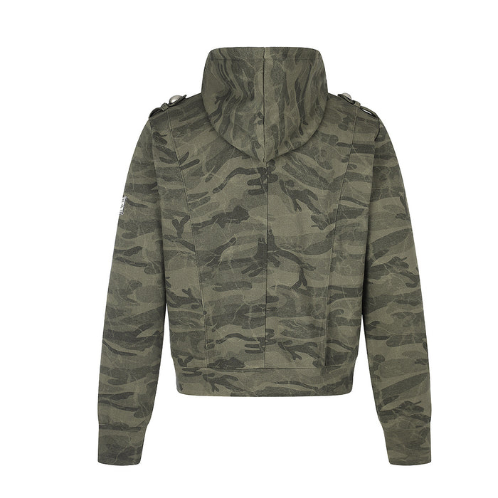Back view of an olive green camouflage hoodie showing the hood, sleeves, and center back seam