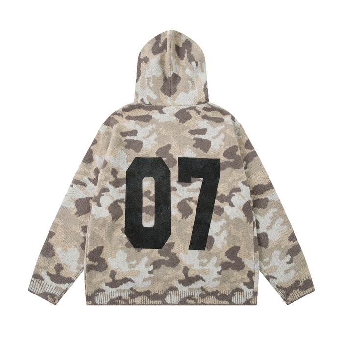 Back view of Omirad 07 camo knit hoodie with large black 07 graphic on desert camouflage knit fabric