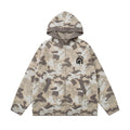 Beige camouflage knit zip-up hoodie with ribbed hood, cuffs, hem, and front pockets