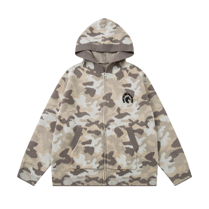 Beige camouflage knit zip-up hoodie with ribbed hood, cuffs, hem, and front pockets