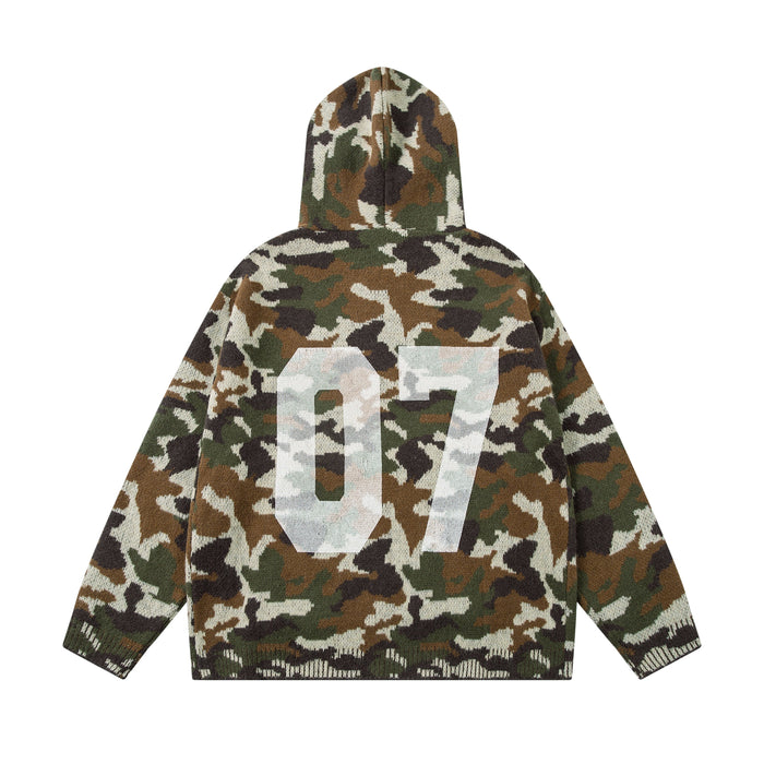 Back view of olive, brown, and cream camouflage knit zip-up hoodie with large 07 graphic