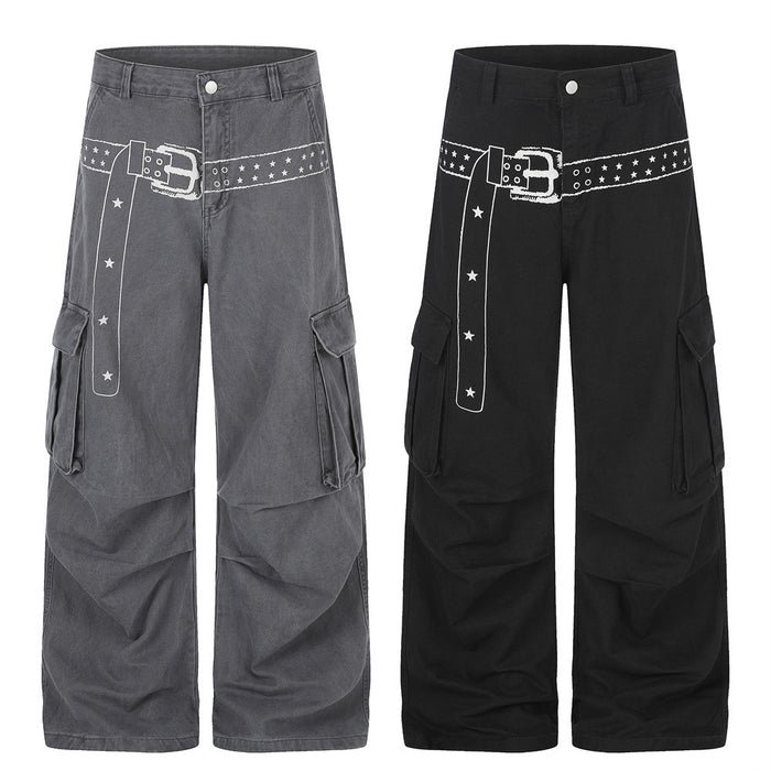 Wide leg cargo pants in gray and black with printed belt graphic and side flap pockets