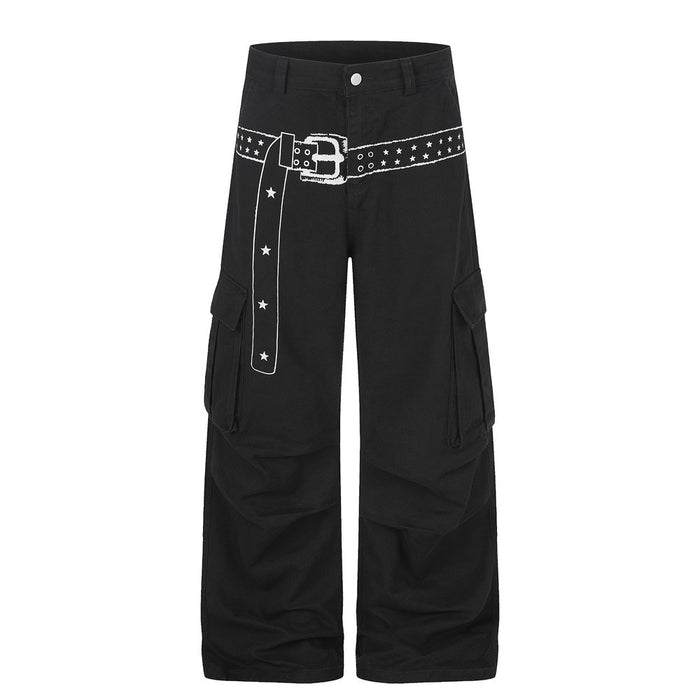 Men's wide-leg cargo pants with punk belt graphic print and multi cargo pockets in black
