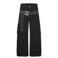 Men's wide-leg cargo pants with punk belt graphic print and multi cargo pockets in black