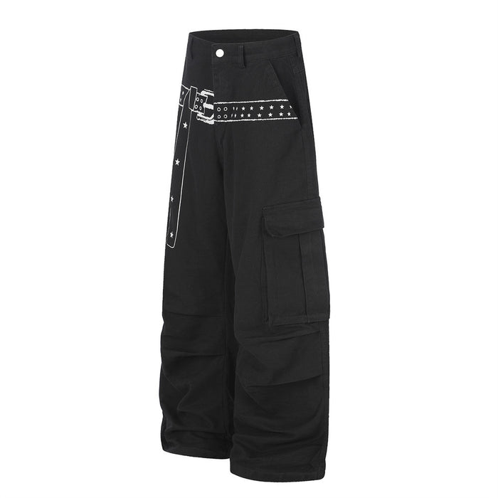 Black wide leg cargo pants with printed belt detail and one side flap pocket