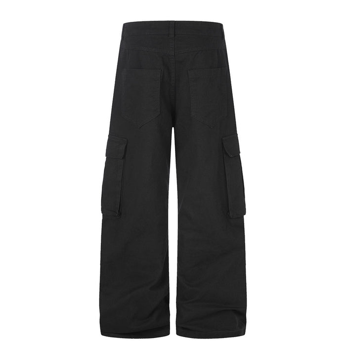 Back view of black wide leg cargo pants with cargo pockets and plain rear patch pockets