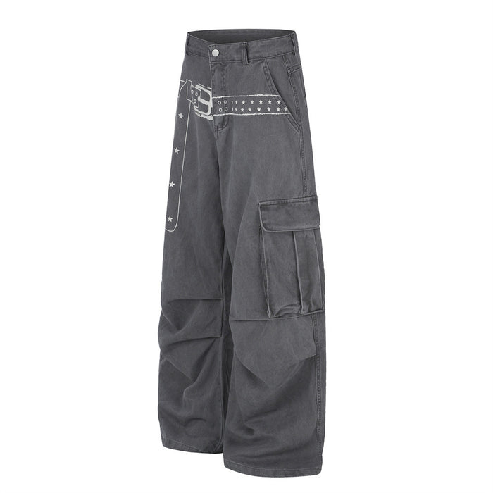 Angled view of gray wide leg cargo pants with printed belt graphic and large cargo pocket