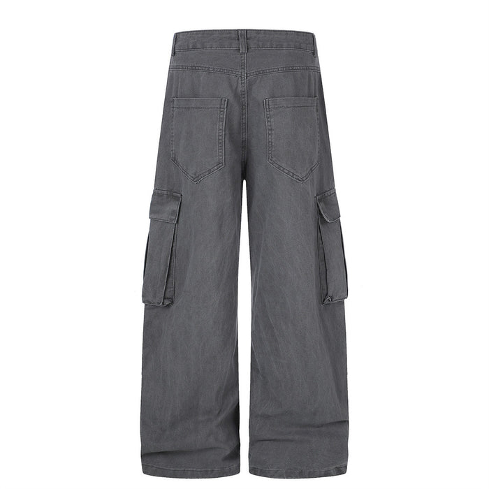 Back view of gray wide leg cargo pants with two patch pockets and side cargo pockets
