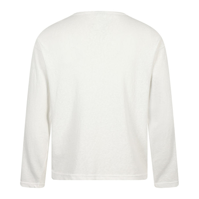 White long-sleeve crew neck T-shirt shown from the back