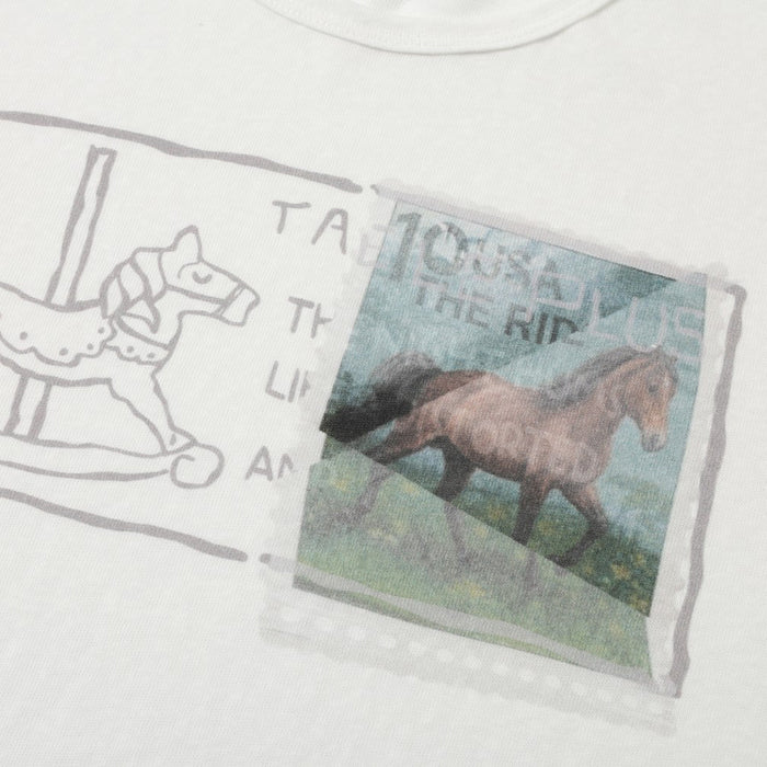 Front graphic close-up showing carousel horse print on white long-sleeve T-shirt