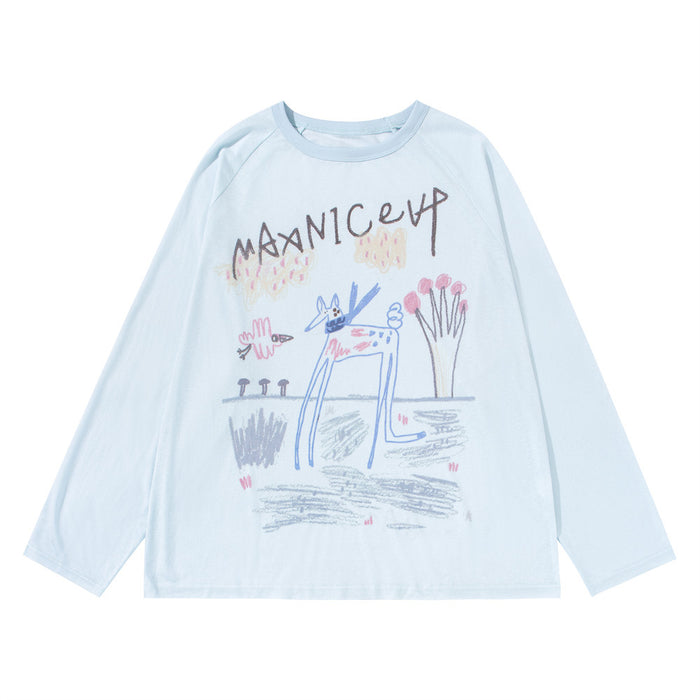 Light blue long sleeve crew neck shirt with a colorful hand-drawn animal, flowers, and doodle landscape graphic