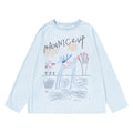 Light blue long sleeve crew neck shirt with a colorful hand-drawn animal, flowers, and doodle landscape graphic