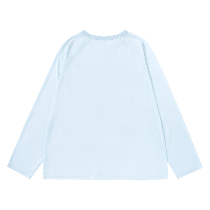 Plain light blue long sleeve crew neck shirt shown from the back