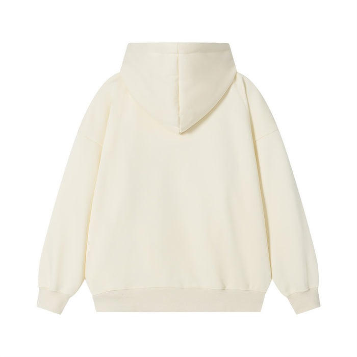 Back view of a cream oversized pullover hoodie with a plain design and attached hood