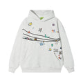 Front view of a gray oversized pullover hoodie with colorful doodle characters and curved line graphics