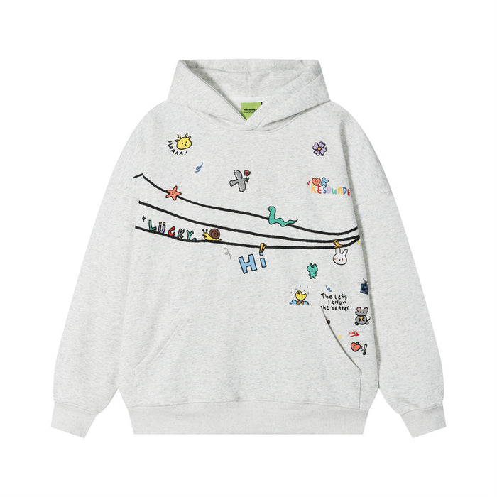 Front view of a gray oversized pullover hoodie with colorful doodle characters and curved line graphics