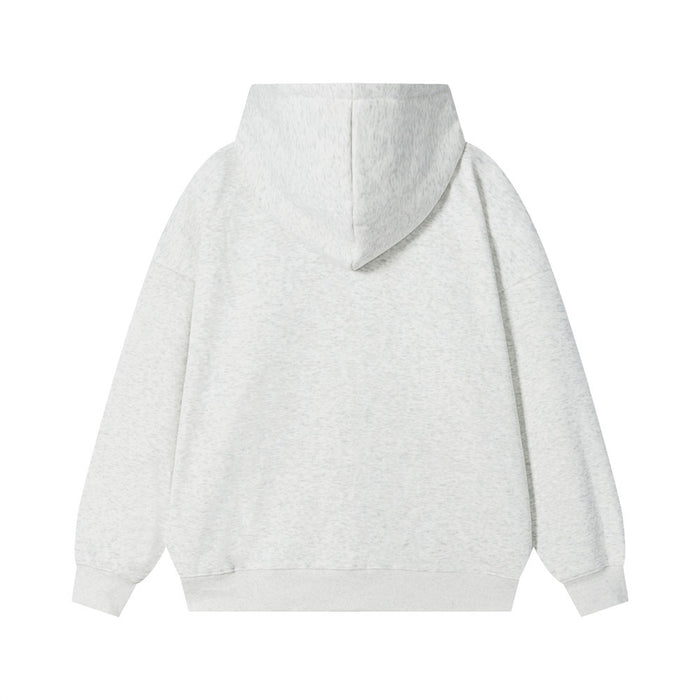 Back view of a gray oversized pullover hoodie showing the plain body, hood, sleeves, and ribbed hem