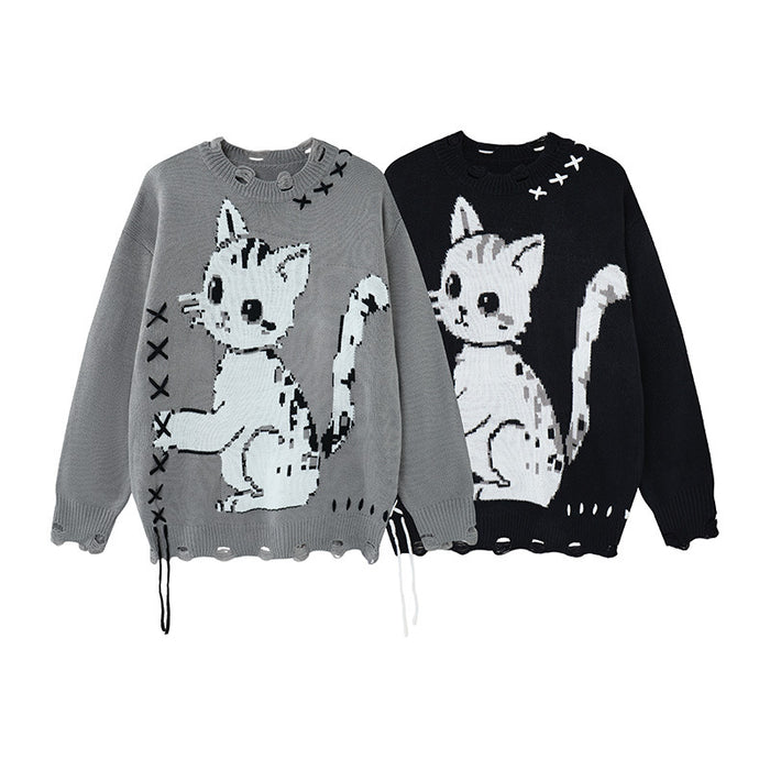 Gray and black distressed knit sweaters with white cat graphics, oversized crew necks, and black stitched X accents