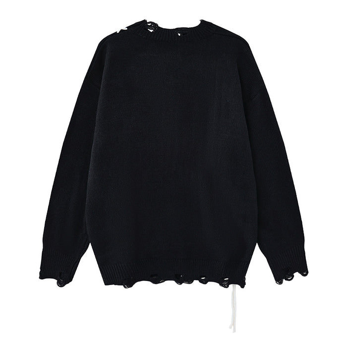 Black distressed knit sweater shown from the back with a plain design, ragged hem, and long sleeves