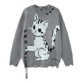 Gray distressed knit sweater front with a white cat graphic, black stitched X accents, and loose hem threads