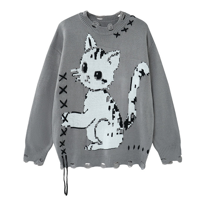 Gray distressed knit sweater front with a white cat graphic, black stitched X accents, and loose hem threads