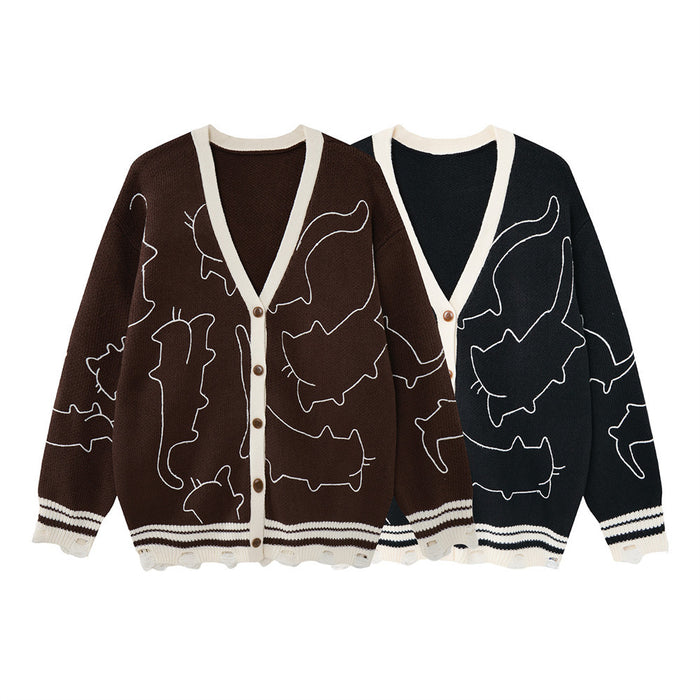 Brown and black knit cat-outline cardigans shown from the front with cream trim, buttons, and distressed hems