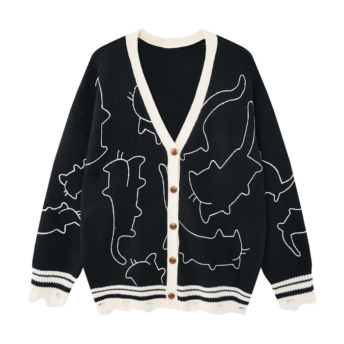 Oversized V-neck knit cardigan with white cat outline embroidery, contrast cream trim, and distressed hem in black colorway