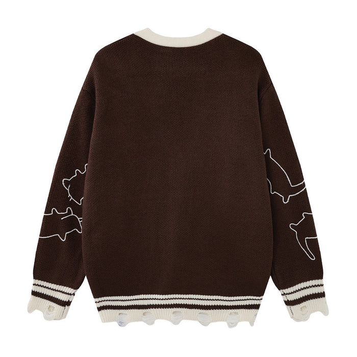 Brown knit cardigan shown from the back with subtle cat outlines on the sleeves and striped distressed hem