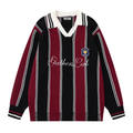 Front view of black and burgundy striped knit sweater with white collar and script graphic